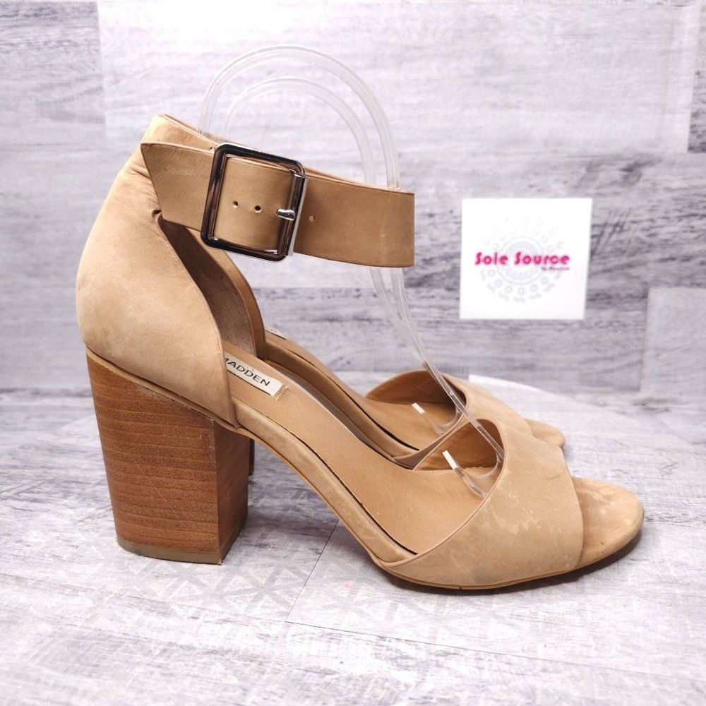 Steve Madden Gerard Ankle Wrap Heeled Leather Sandal Tan Nude Women's sz 8.5